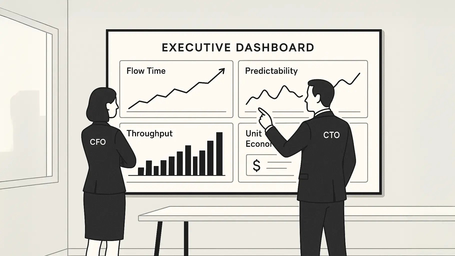 A minimalist executive dashboard on a large screen in a sleek office charts for flow time predictability throughput and a simple unit economics panel A CFO and CTO review