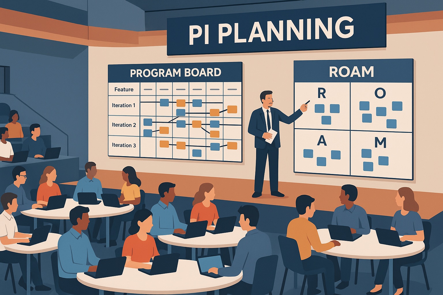 Large PI Planning event with teams, a program board showing dependencies, and a visible ROAM risk board in a modern auditorium.